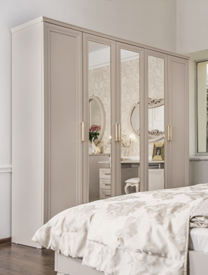 Спальня "Мокко" 5-ти ств. шкаф с зеркалами, кровать (1800х2000), зеркало ППУ, комод, бежевый. Фото №5