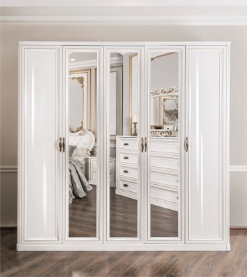 Спальня "Натали" 5-ти ств. шкаф с зеркалами, кровать (1800х2000), зеркало ППУ, комод узкий, белый глянец. Фото №5