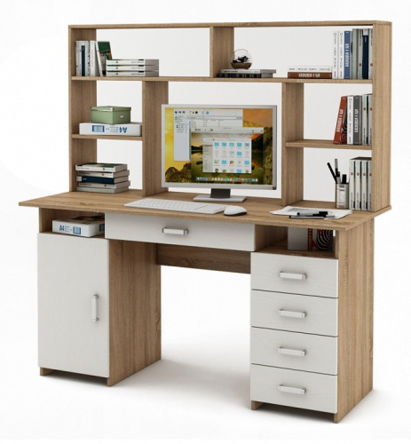 Стол компьютерный Лайт-7Я с надстройкой-Дуб-сонома/Белый. Фото №1