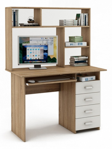 Стол компьютерный Лайт-5К с надстройкой-Дуб-сонома/Белый. Фото №1