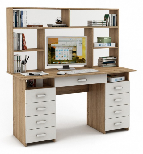 Стол компьютерный Лайт-9Я с надстройкой-Дуб-сонома/Белый. Фото №1