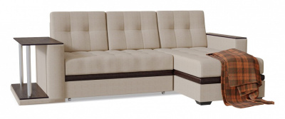 Диван угловой Атланта (Атлантик) Беж 2 со столом дельфин Бежевый рогожка+экокожа, угол правый, стол слева. Фото №2