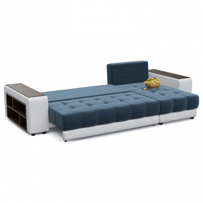 Диван угловой Дубай Dark Blue Еврокнижка (велюр+экокожа, Синий) 300/85/160 правый. Фото №2