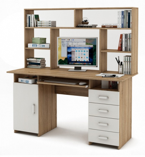 Стол компьютерный Лайт-7К с надстройкой-Дуб-сонома/Белый. Фото №1