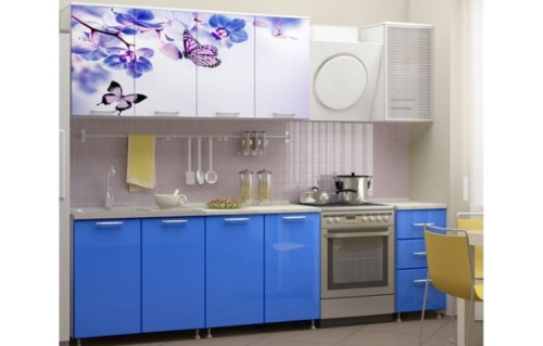 Кухня ЛДСП Фортуна с фотопечатью бабочки 2000, синяя. Фото №1