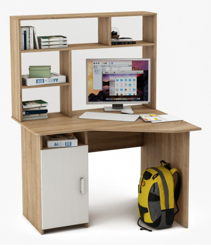 Угловой стол Лайт-16 с надстройкой-Дуб сонома/Белый. Фото №1